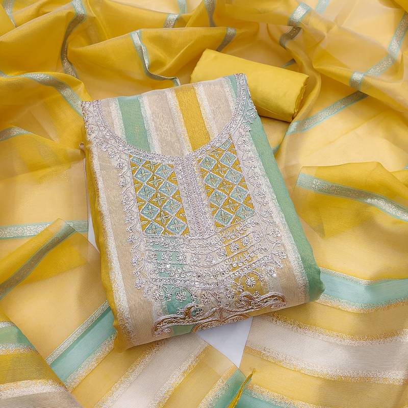 Elegant yellow striped embroidered kurta set with dupatta for women
