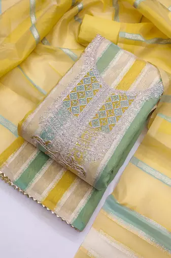 Elegant yellow striped embroidered kurta set with dupatta for women