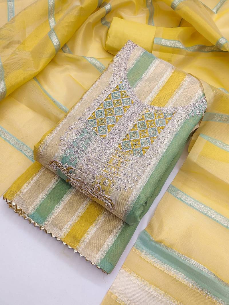 Elegant yellow striped embroidered kurta set with dupatta for women