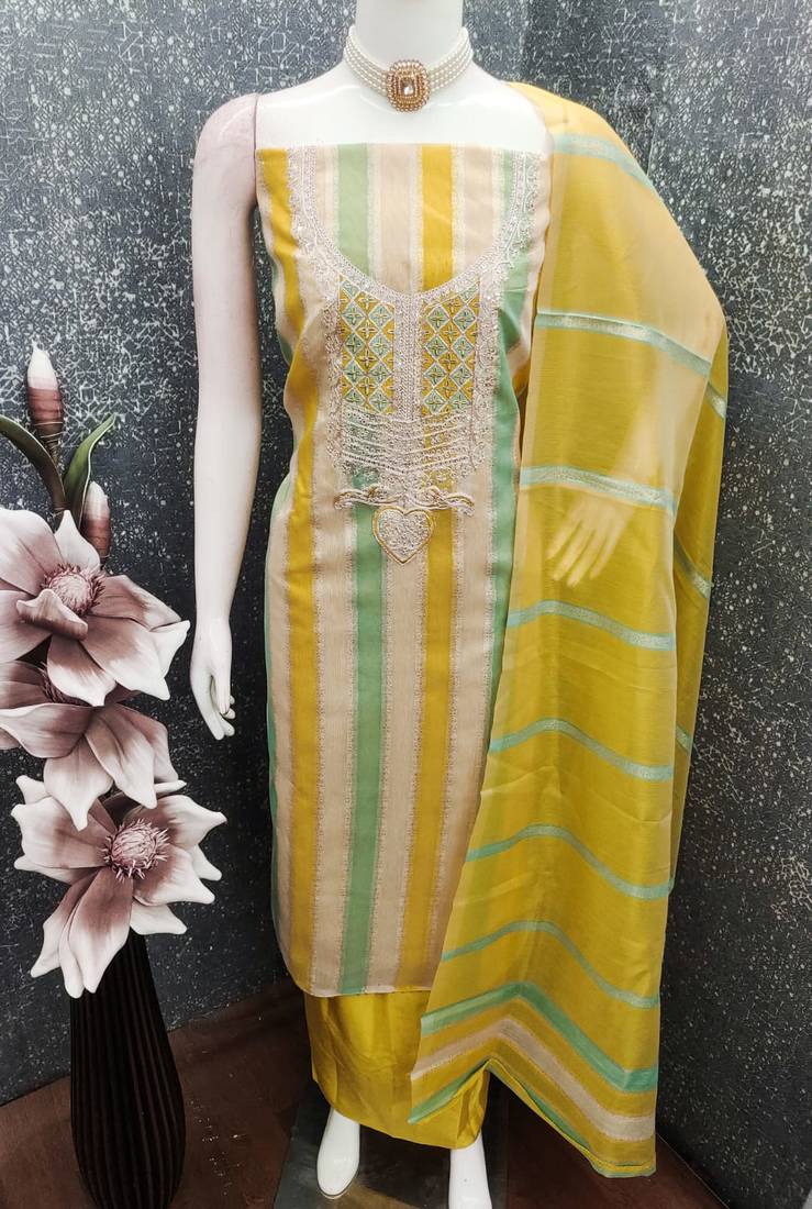 Elegant yellow striped embroidered kurta set with dupatta for women