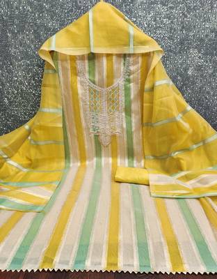 Elegant yellow striped embroidered kurta set with dupatta for women 5