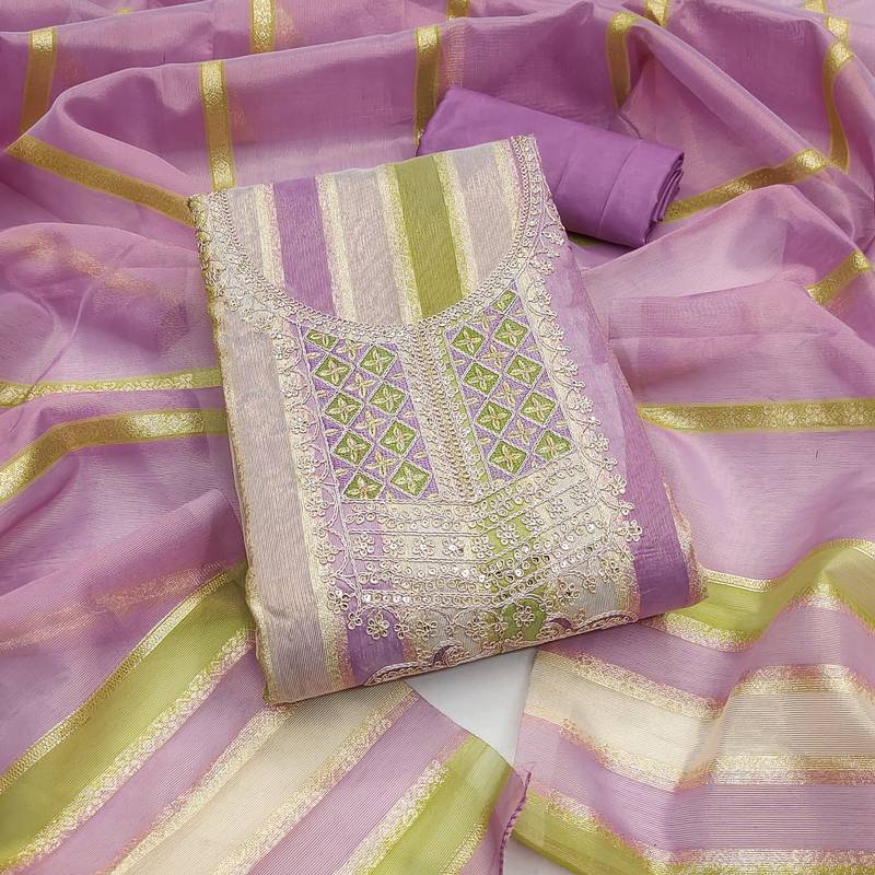 Elegant purple striped embroidered kurta set with dupatta for women