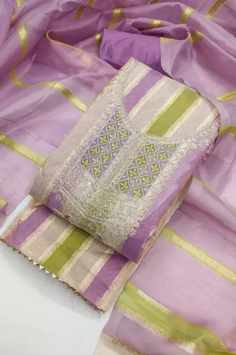 Elegant purple striped embroidered kurta set with dupatta for women