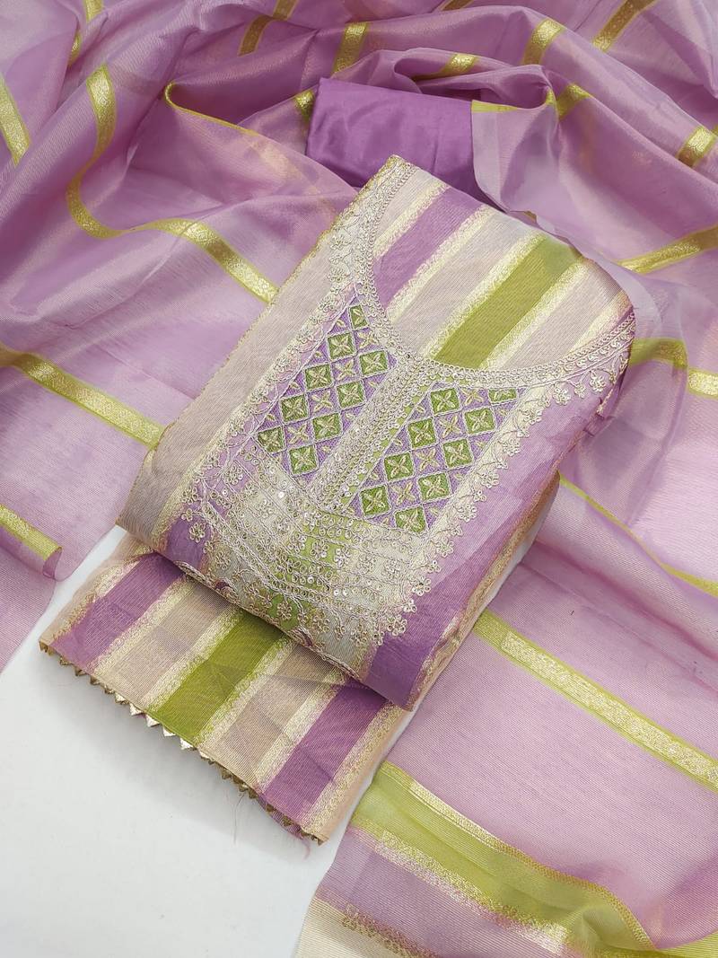 Elegant purple striped embroidered kurta set with dupatta for women