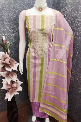 Elegant purple striped embroidered kurta set with dupatta for women