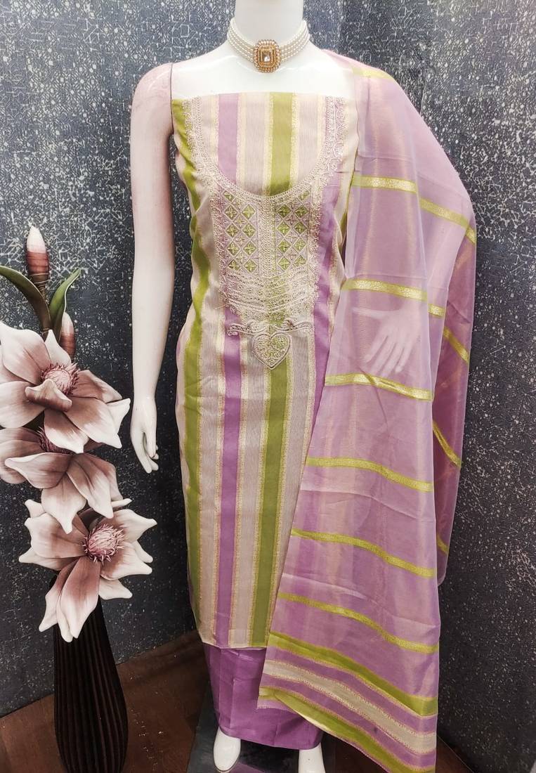 Elegant purple striped embroidered kurta set with dupatta for women