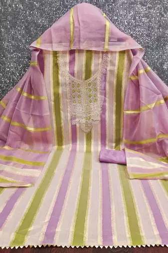 Elegant purple striped embroidered kurta set with dupatta for women
