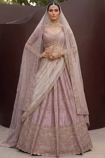 Alluring Mauve Hand Embroidery Silk Lehenga Choli With Double Dupatta