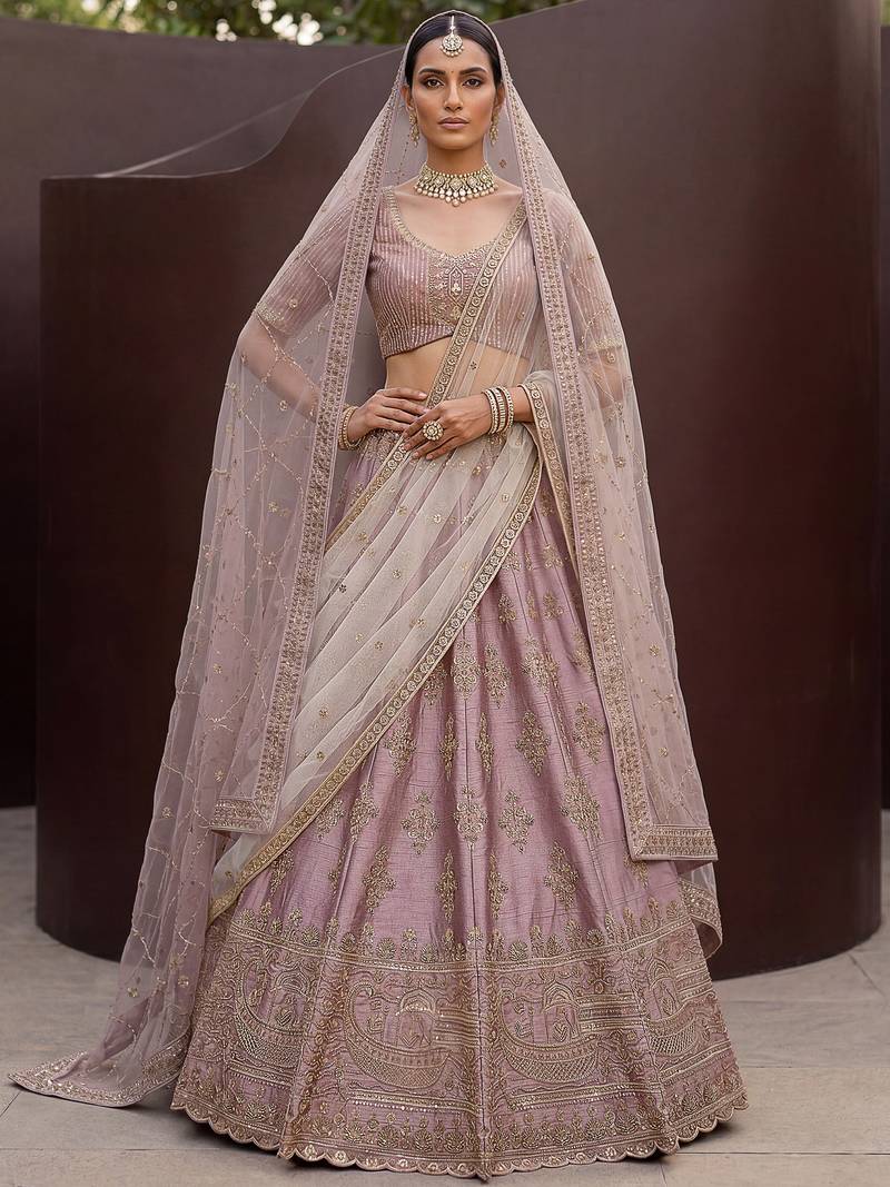 Alluring Mauve Hand Embroidery Silk Lehenga Choli With Double Dupatta