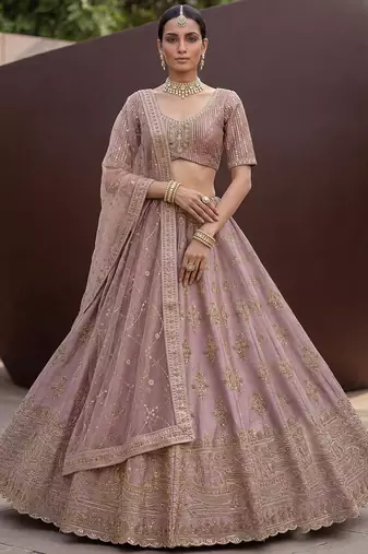 Alluring Mauve Hand Embroidery Silk Lehenga Choli With Double Dupatta