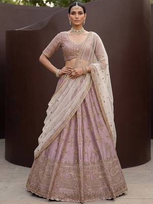 Alluring Mauve Hand Embroidery Silk Lehenga Choli With Double Dupatta 3