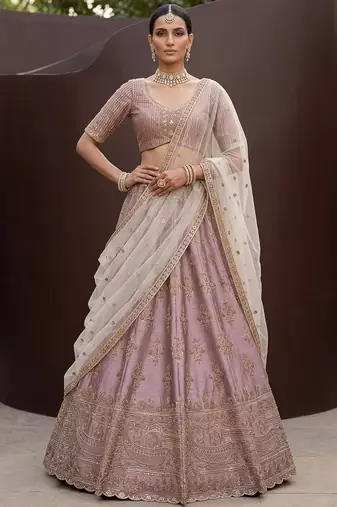 Alluring Mauve Hand Embroidery Silk Lehenga Choli With Double Dupatta