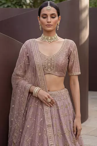 Alluring Mauve Hand Embroidery Silk Lehenga Choli With Double Dupatta