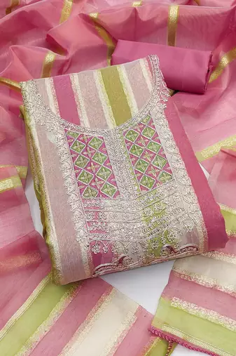 Elegant pink striped embroidered kurta set with dupatta for women