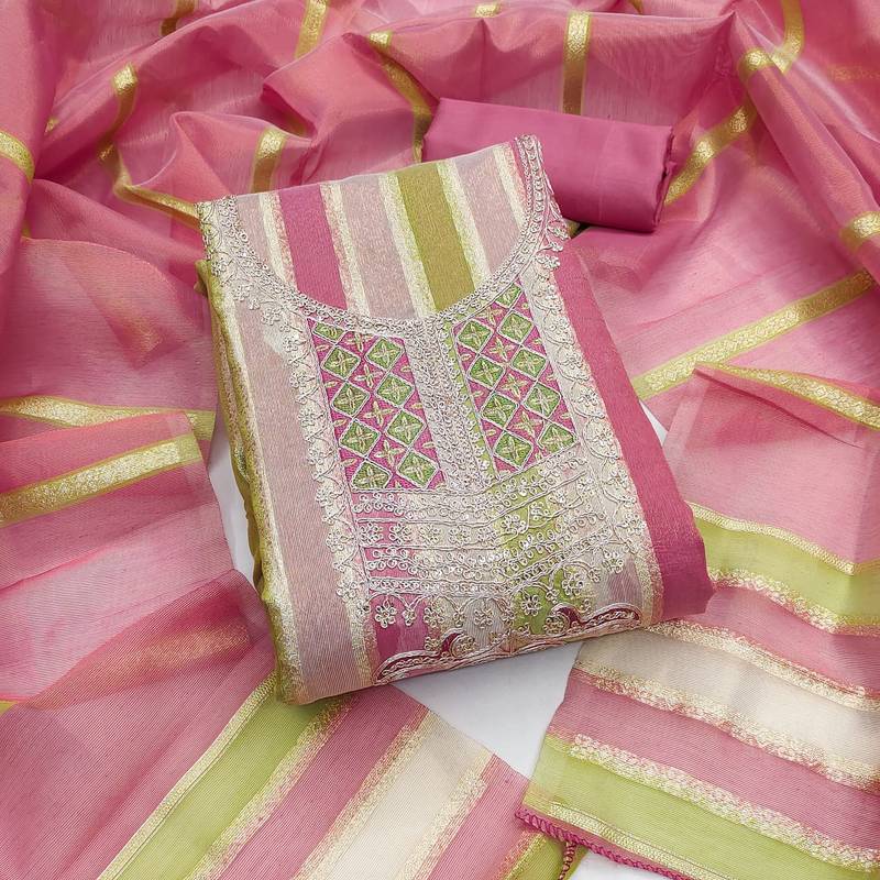Elegant pink striped embroidered kurta set with dupatta for women