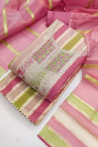 Elegant pink striped embroidered kurta set with dupatta for women