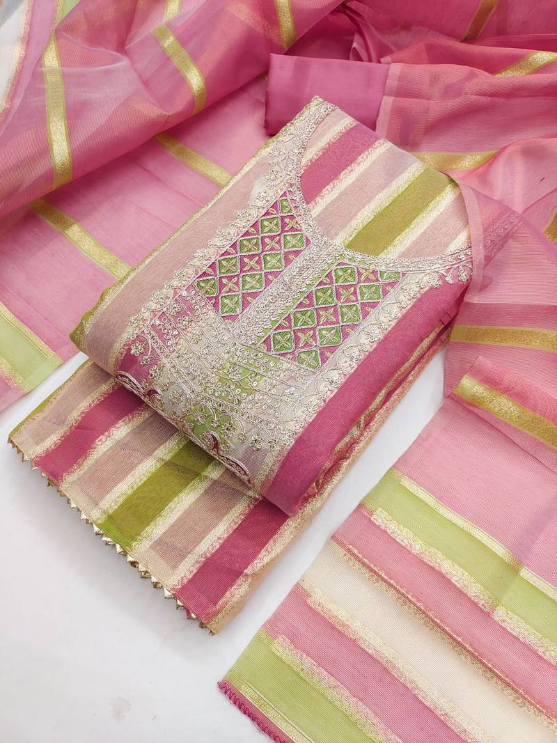 Elegant pink striped embroidered kurta set with dupatta for women