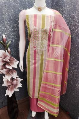 Elegant pink striped embroidered kurta set with dupatta for women 4
