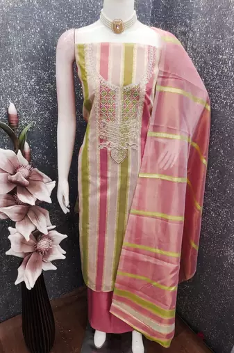 Elegant pink striped embroidered kurta set with dupatta for women