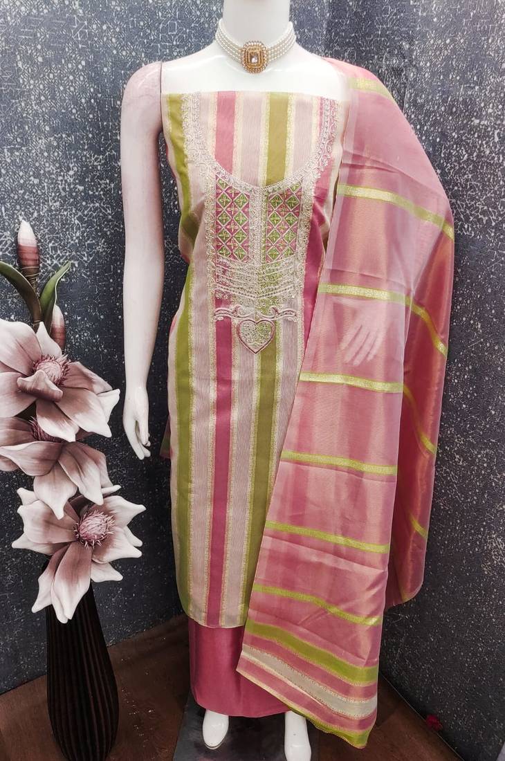 Elegant pink striped embroidered kurta set with dupatta for women