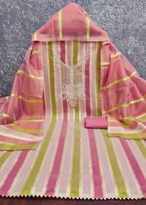 Elegant pink striped embroidered kurta set with dupatta for women 5