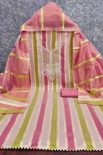 Elegant pink striped embroidered kurta set with dupatta for women