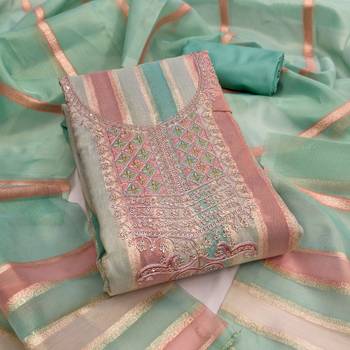 Elegant mint green striped embroidered kurta set with dupatta for women 2