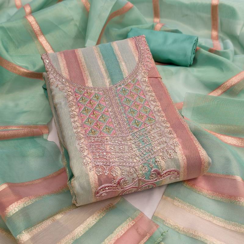 Elegant mint green striped embroidered kurta set with dupatta for women