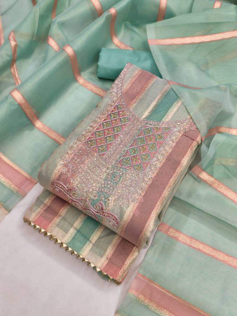 Elegant mint green striped embroidered kurta set with dupatta for women