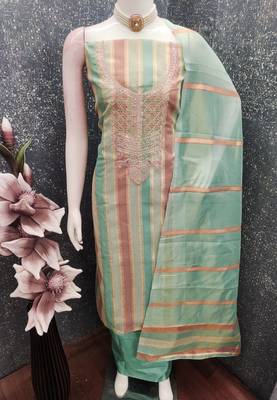 Elegant mint green striped embroidered kurta set with dupatta for women 4