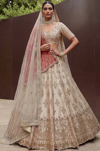 Lavish Beige Zari Work Silk Bridal Lehenga Choli With Double Dupatta