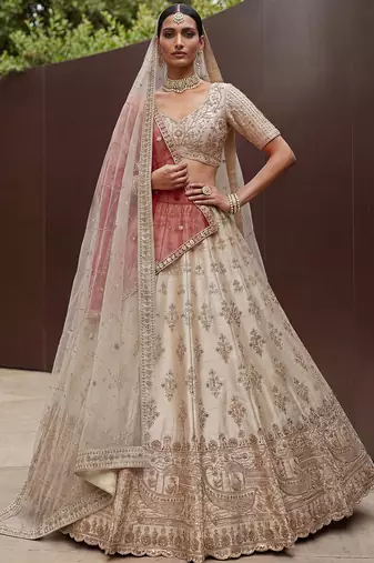 Lavish Beige Zari Work Silk Bridal Lehenga Choli With Double Dupatta