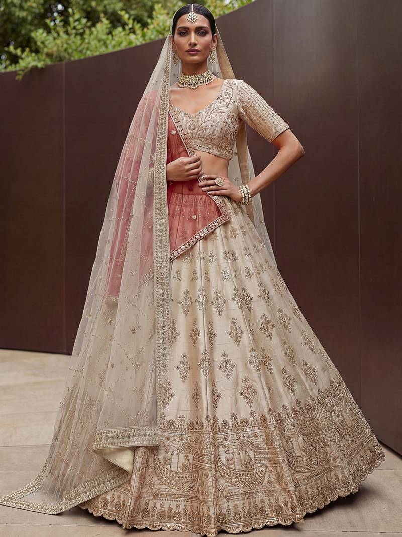 Lavish Beige Zari Work Silk Bridal Lehenga Choli With Double Dupatta