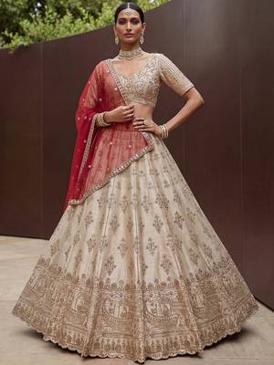 Lavish Beige Zari Work Silk Bridal Lehenga Choli With Double Dupatta 2