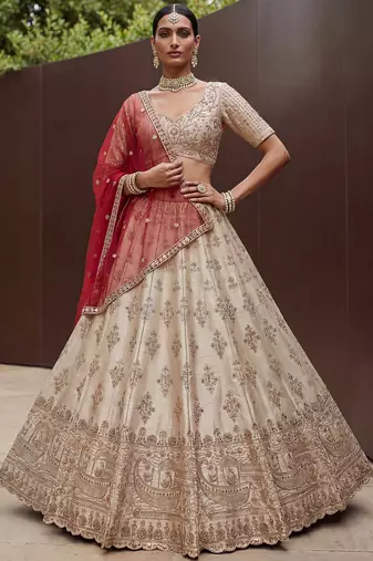 Lavish Beige Zari Work Silk Bridal Lehenga Choli With Double Dupatta