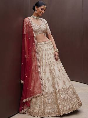 Lavish Beige Zari Work Silk Bridal Lehenga Choli With Double Dupatta 3