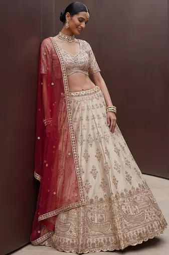 Lavish Beige Zari Work Silk Bridal Lehenga Choli With Double Dupatta