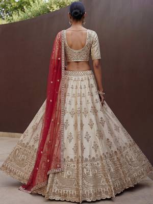 Lavish Beige Zari Work Silk Bridal Lehenga Choli With Double Dupatta 4