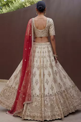 Lavish Beige Zari Work Silk Bridal Lehenga Choli With Double Dupatta