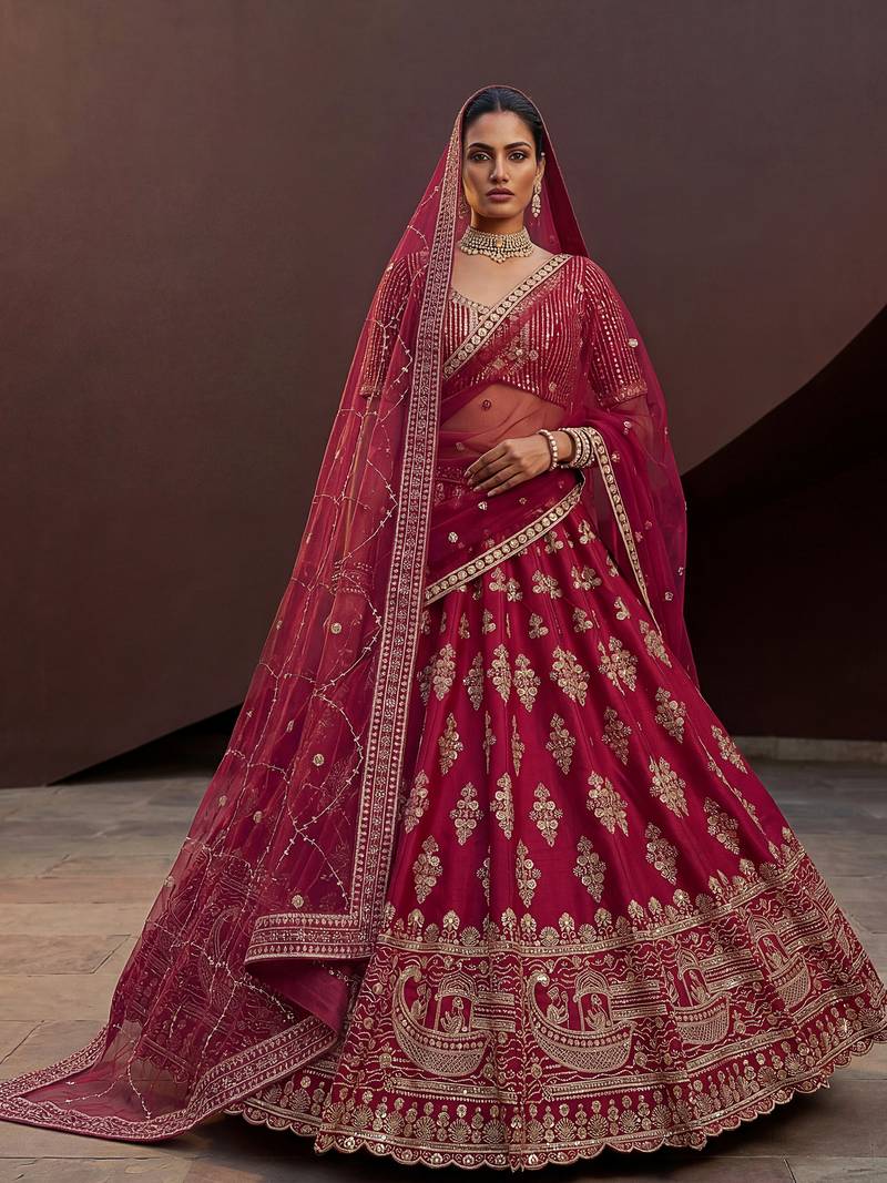 Classy Pink Sequins Silk Bridal Lehenga Choli With Double Dupatta