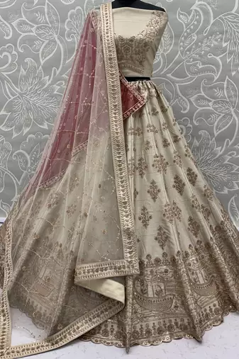 Lavish Beige Zari Work Silk Bridal Lehenga Choli With Double Dupatta