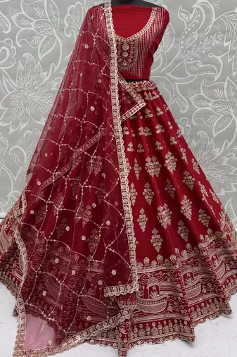 Royal Red Heavy Embroidered Silk Bridal Lehenga Choli With Double Dupatta