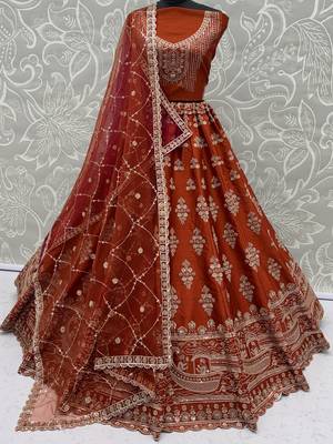 Awesome Rust Orange Hand Work Silk Bridal Lehenga Choli With Double Dupatta 6