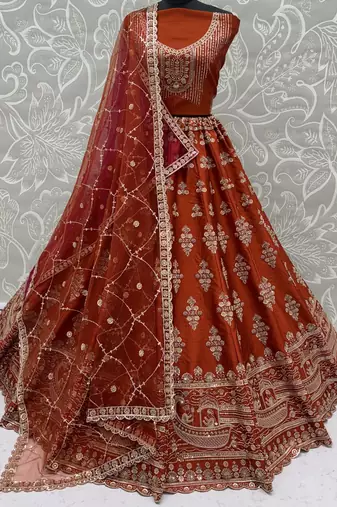 Awesome Rust Orange Hand Work Silk Bridal Lehenga Choli With Double Dupatta