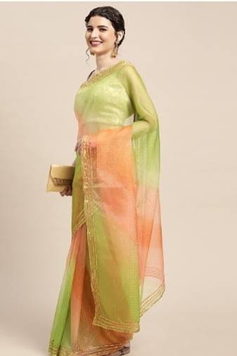 Green Shaded Lace Border & Zari Checks Organza Saree