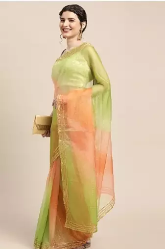 Green Shaded Lace Border & Zari Checks Organza Saree