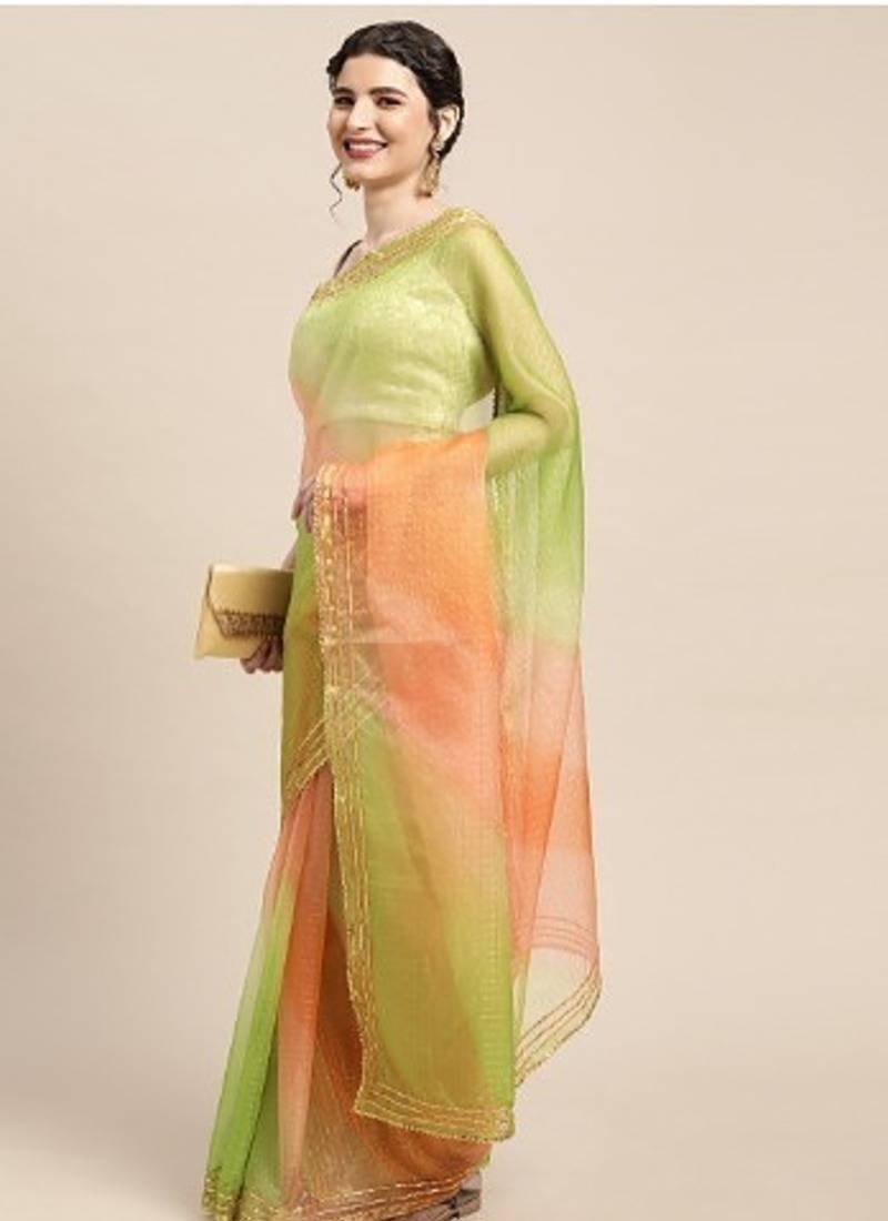 Green Shaded Lace Border & Zari Checks Organza Saree