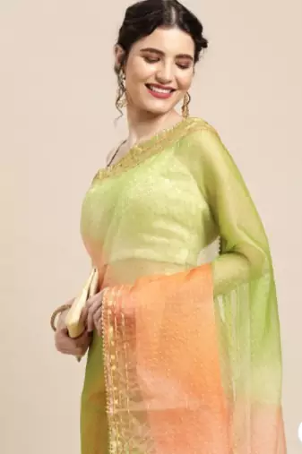 Green Shaded Lace Border & Zari Checks Organza Saree