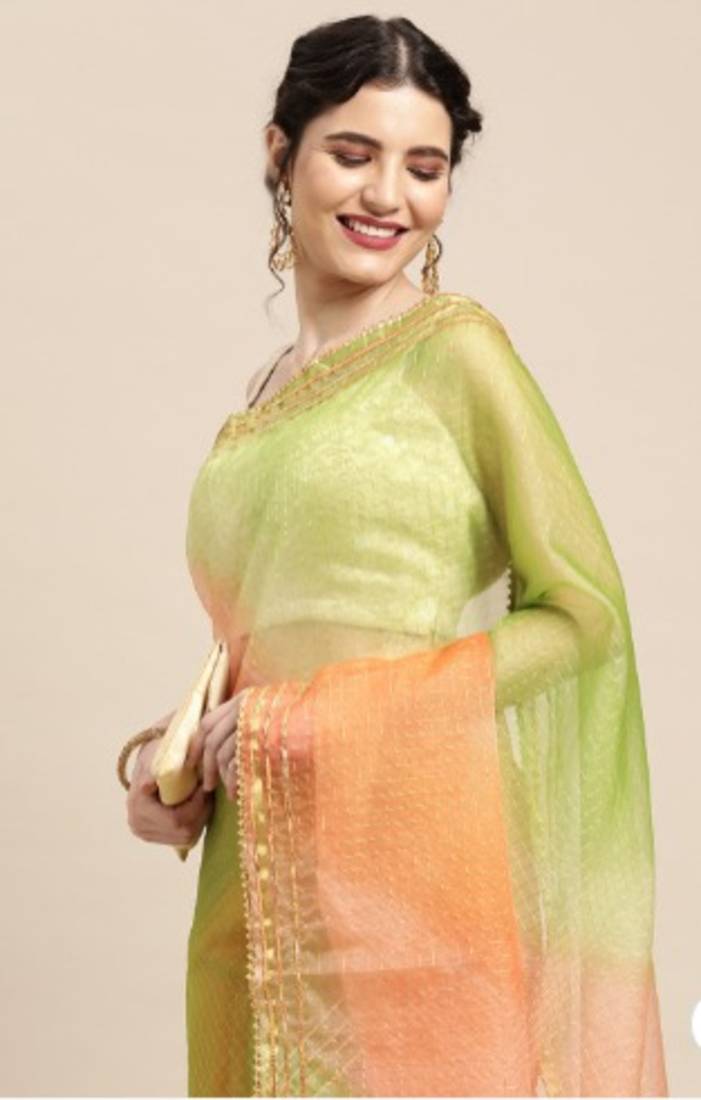 Green Shaded Lace Border & Zari Checks Organza Saree