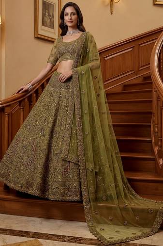 Excellent Olive Green Sequins Net Bridal Lehenga Choli With Dupatta
